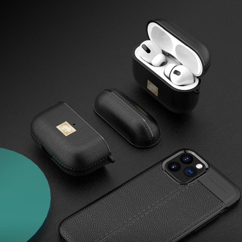 Coque Airpods Pro Simili Cuir Litchi Avec Mousqueton