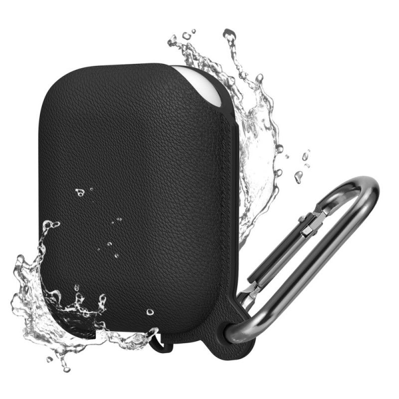 Coque Airpods Waterproof Simili Cuir Litchi Avec Mousqueton