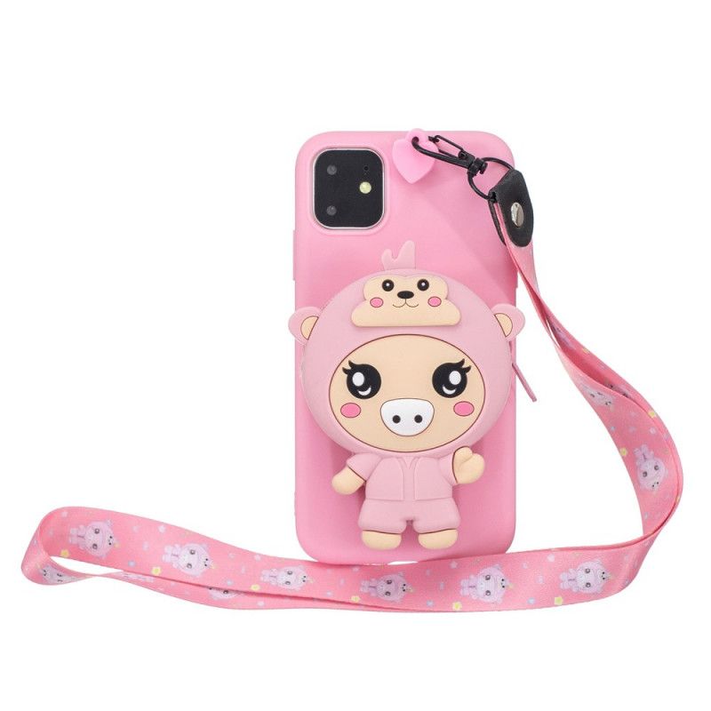 Coque iPhone 11 Cochon 3d Avec Lanière Mousqueton