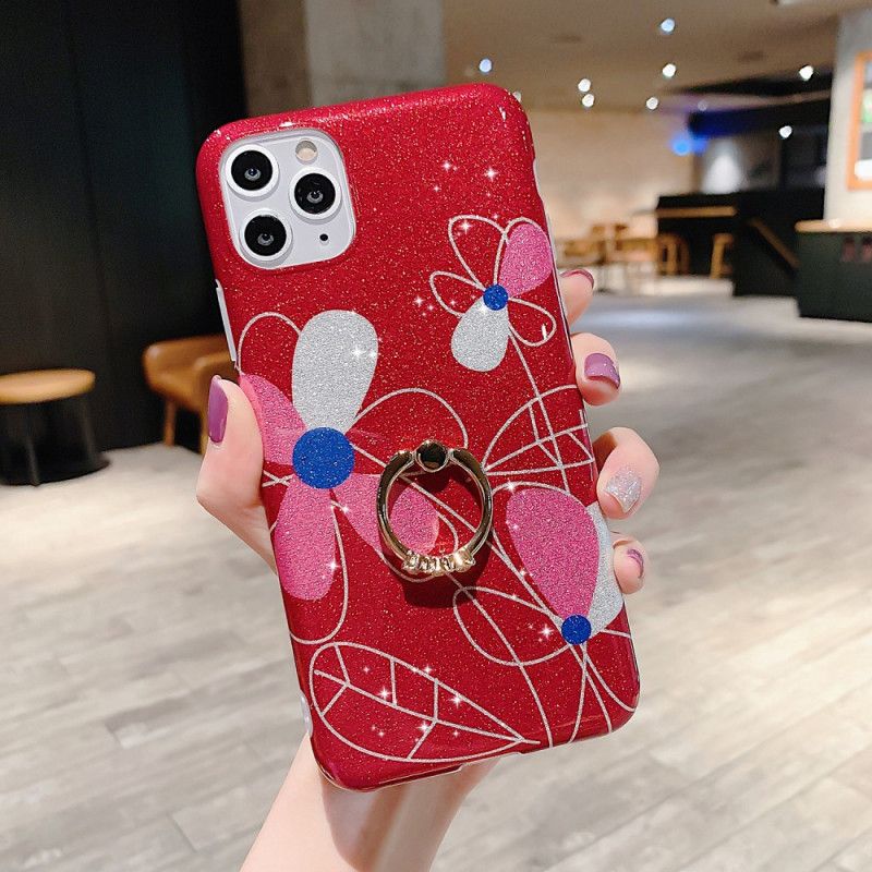 Coque iPhone 11 Pro Max Paillettes Florales Anneau-support