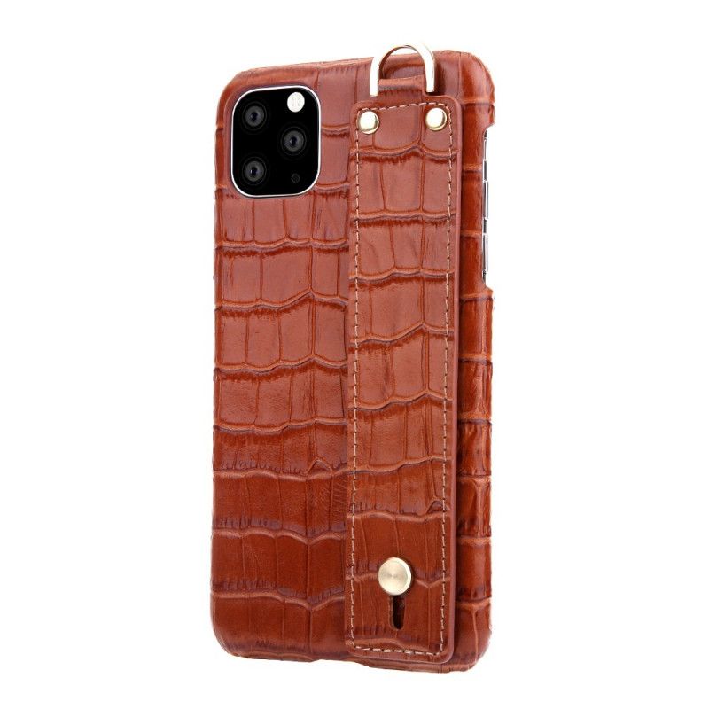 Coque iPhone 11 Pro Max Véritable Cuir Style Crocodile Avec Sangle