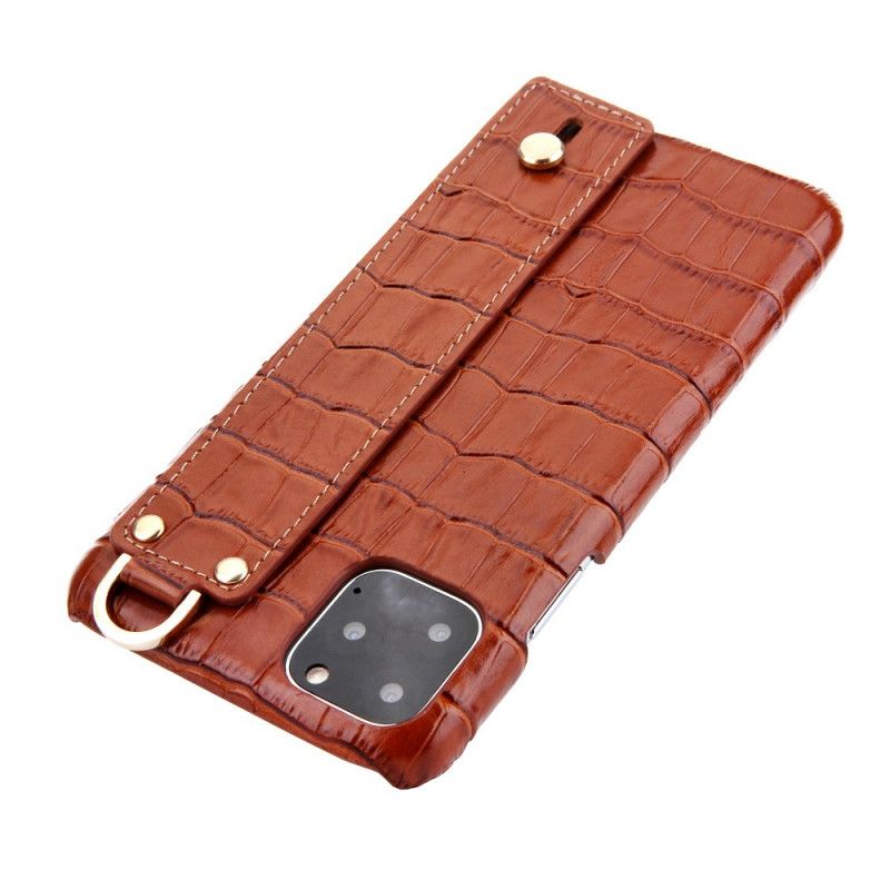 Coque iPhone 11 Pro Max Véritable Cuir Style Crocodile Avec Sangle