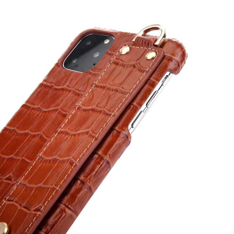 Coque iPhone 11 Pro Max Véritable Cuir Style Crocodile Avec Sangle