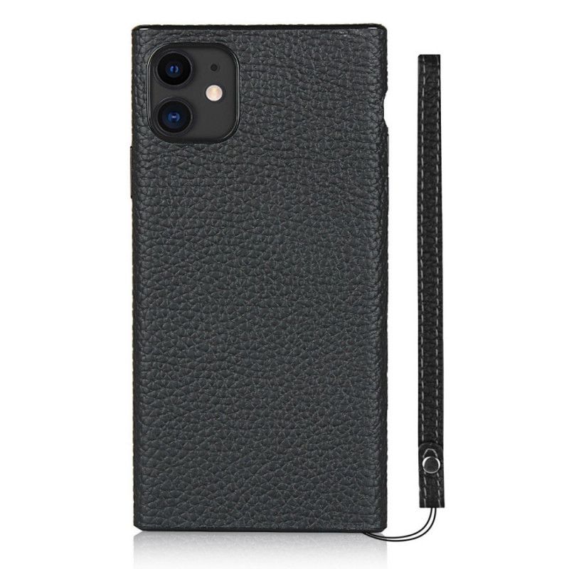 Coque iPhone 11 Véritable Cuir Litchi Avec Lanière