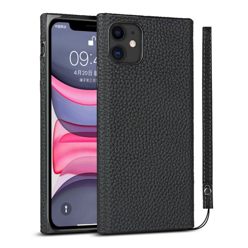 Coque iPhone 11 Véritable Cuir Litchi Avec Lanière