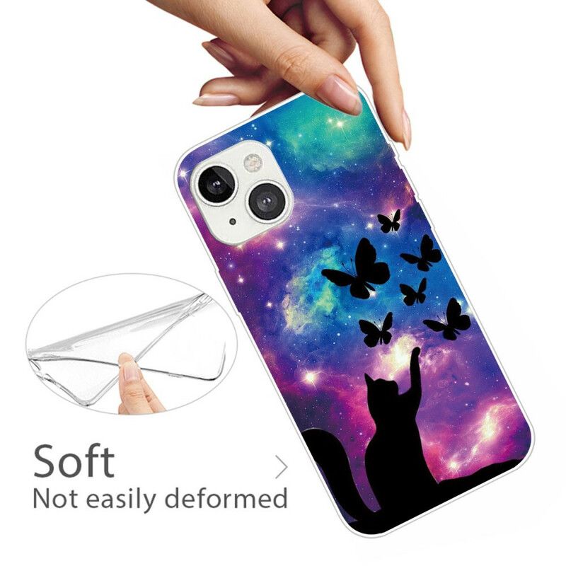 Coque iPhone 13 Chat Et Papillons Dans L'espace