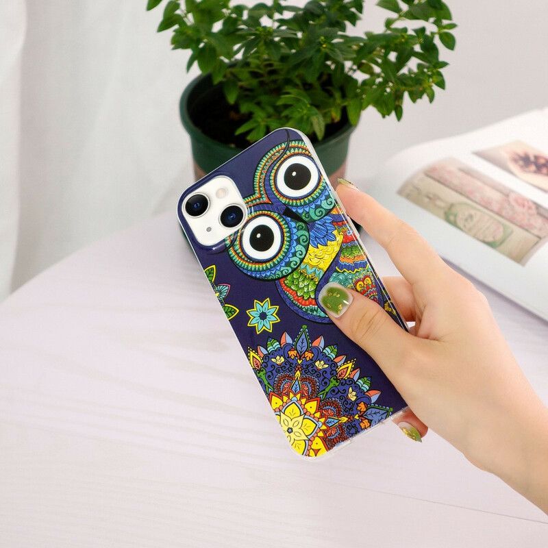 Coque iPhone 13 Hibou Mandala Fluorescente