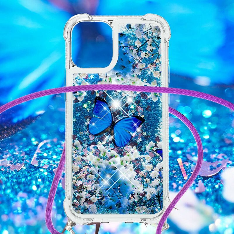 Coque iPhone 13 Pro Max À Cordon Paillettes Papillons