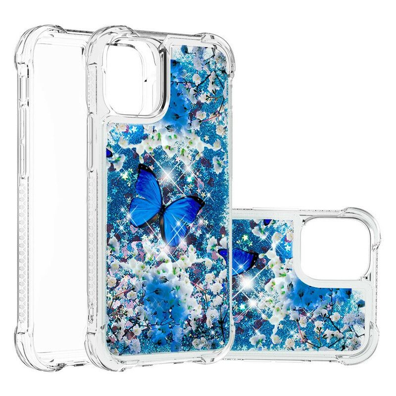 Coque iPhone 13 Pro Max Papillons Bleus Paillettes