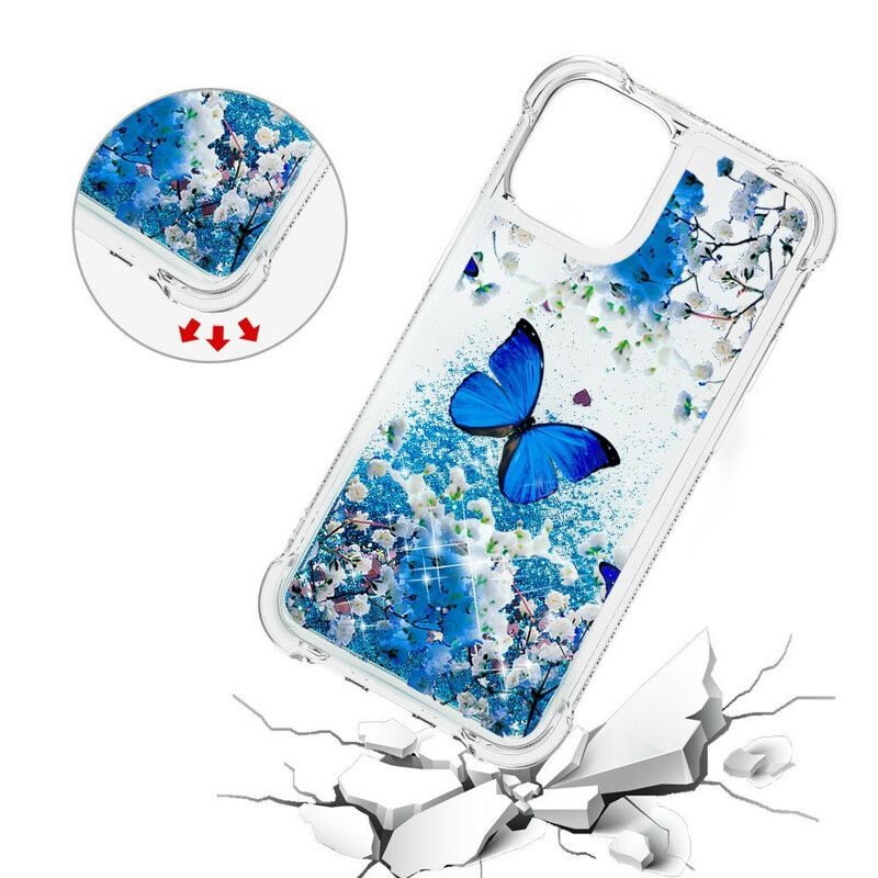 Coque iPhone 13 Pro Max Papillons Bleus Paillettes