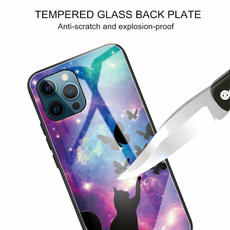 Coque iPhone 13 Pro Max Verre Trempé Chat Et Papillons Dans L'espace