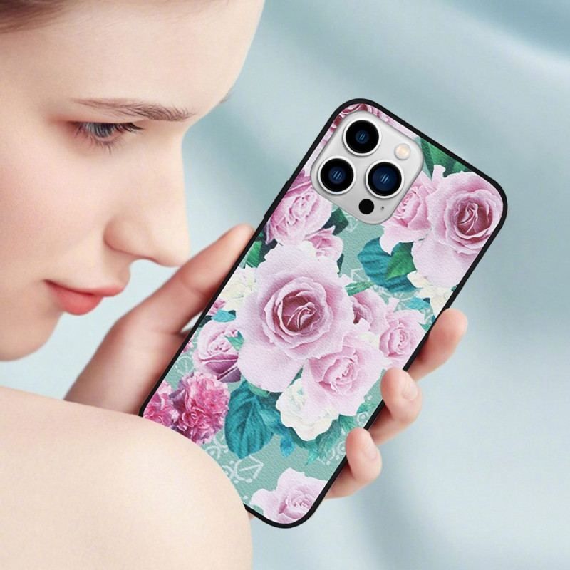 Coque iPhone 14 Pro Simili Cuir Florale