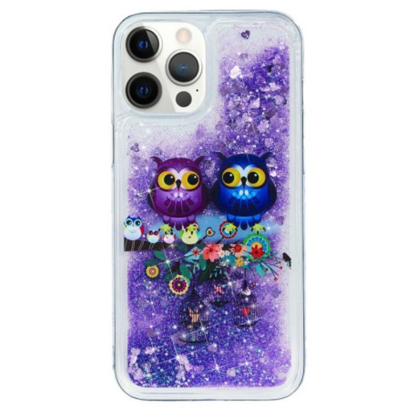 Coque iPhone 15 Pro Max Paillettes Couple de Hiboux