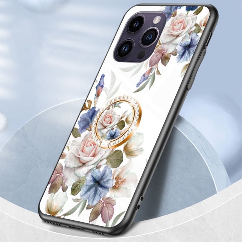 Coque iPhone 15 Pro Max Verre Trempé Floral avec Anneau-Support