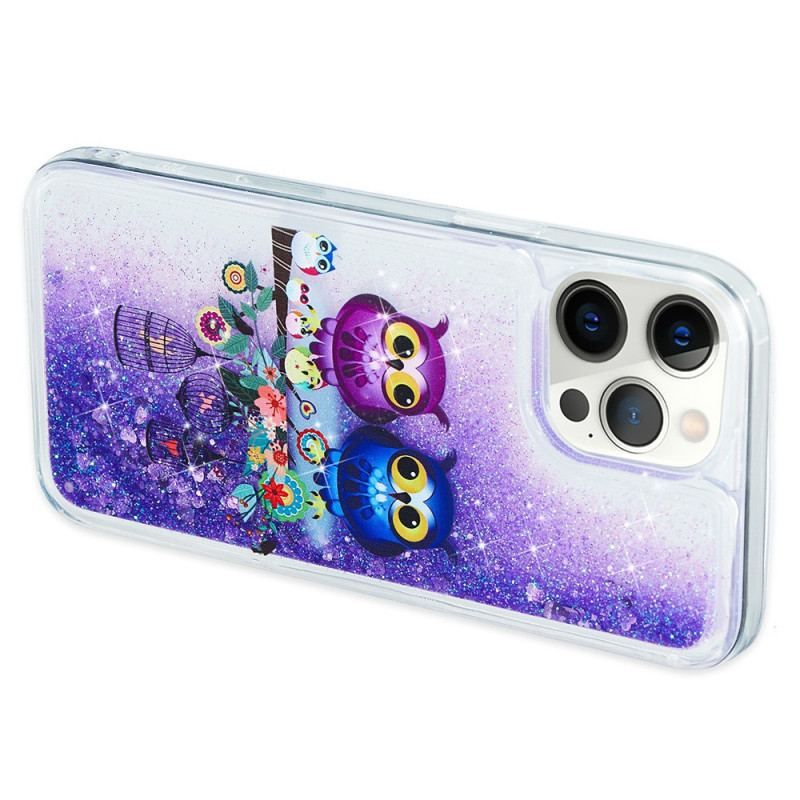 Coque iPhone 15 Pro Paillettes Couple de Hiboux