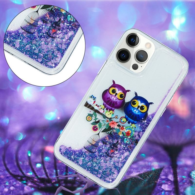 Coque iPhone 15 Pro Paillettes Couple de Hiboux