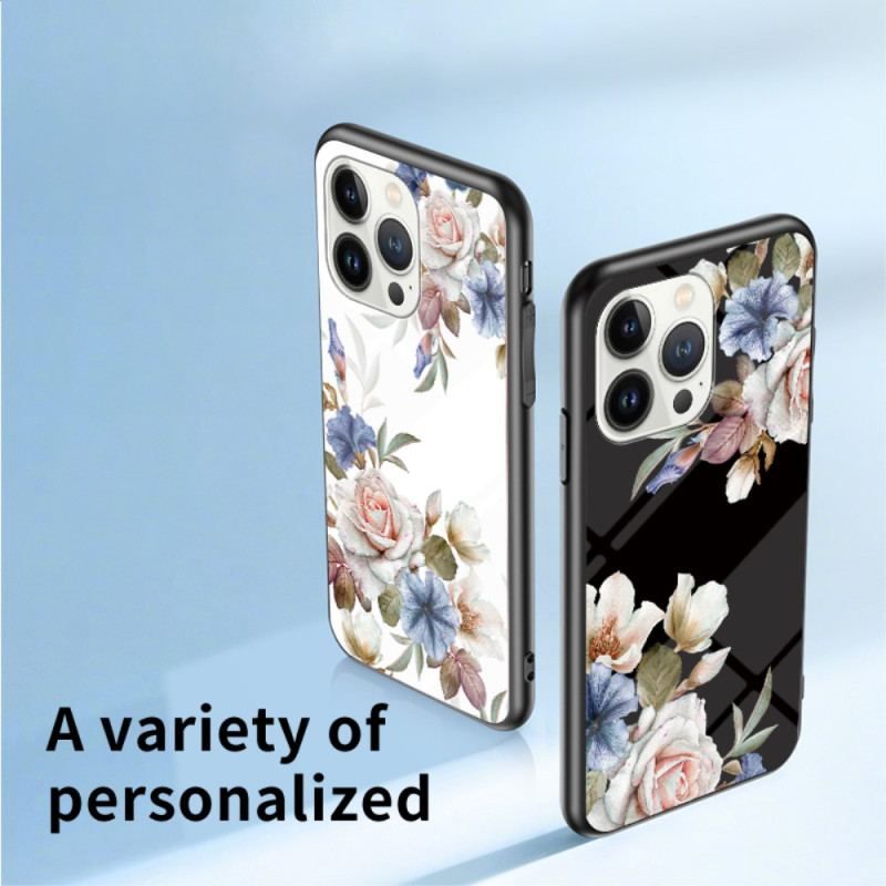 Coque iPhone 15 Pro Verre Trempé Floral avec Anneau-Support