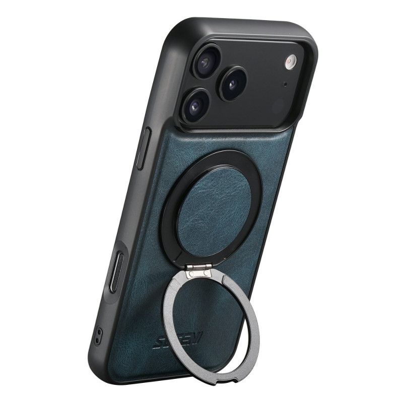 Coque iPhone 17 Pro Compatible MagSafe Effet Cuir Ciré avec Support Rotatif