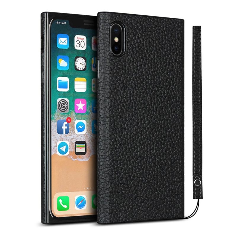 Coque iPhone X / Xs Véritable Cuir Litchi Avec Lanière