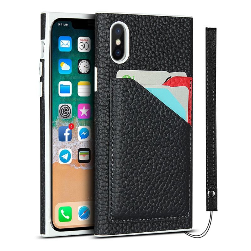 Coque iPhone X / Xs Véritable Cuir Litchi Porte-cartes Avec Lanière