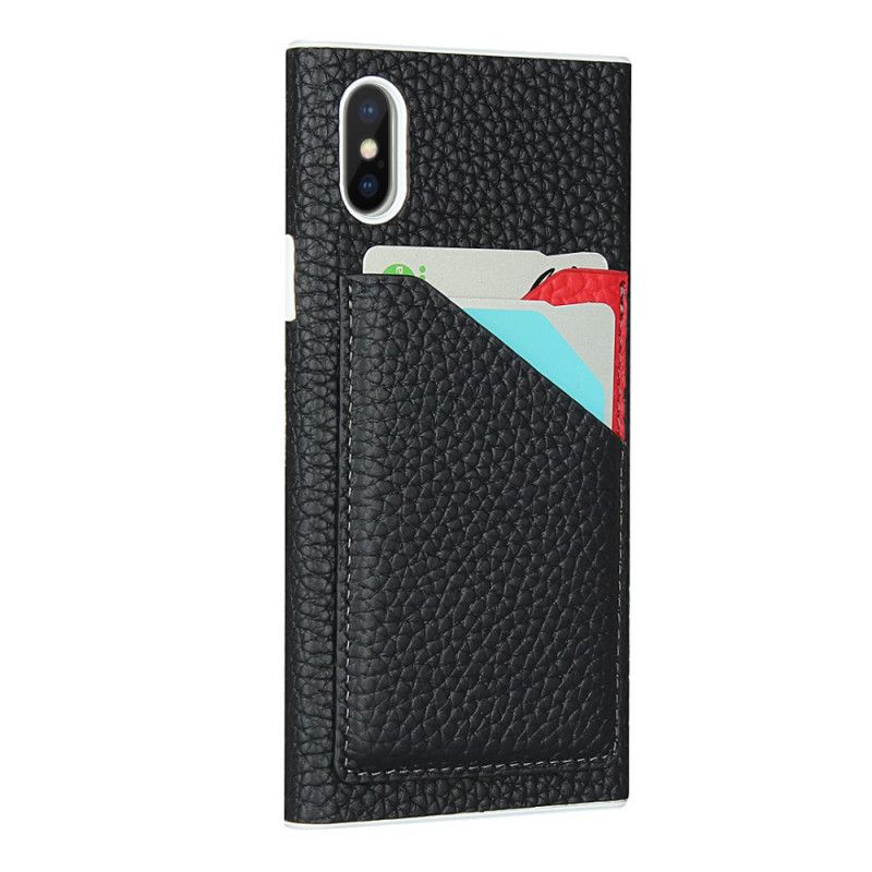 Coque iPhone X / Xs Véritable Cuir Litchi Porte-cartes Avec Lanière