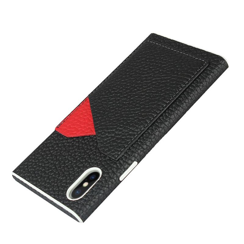 Coque iPhone X / Xs Véritable Cuir Litchi Porte-cartes Avec Lanière