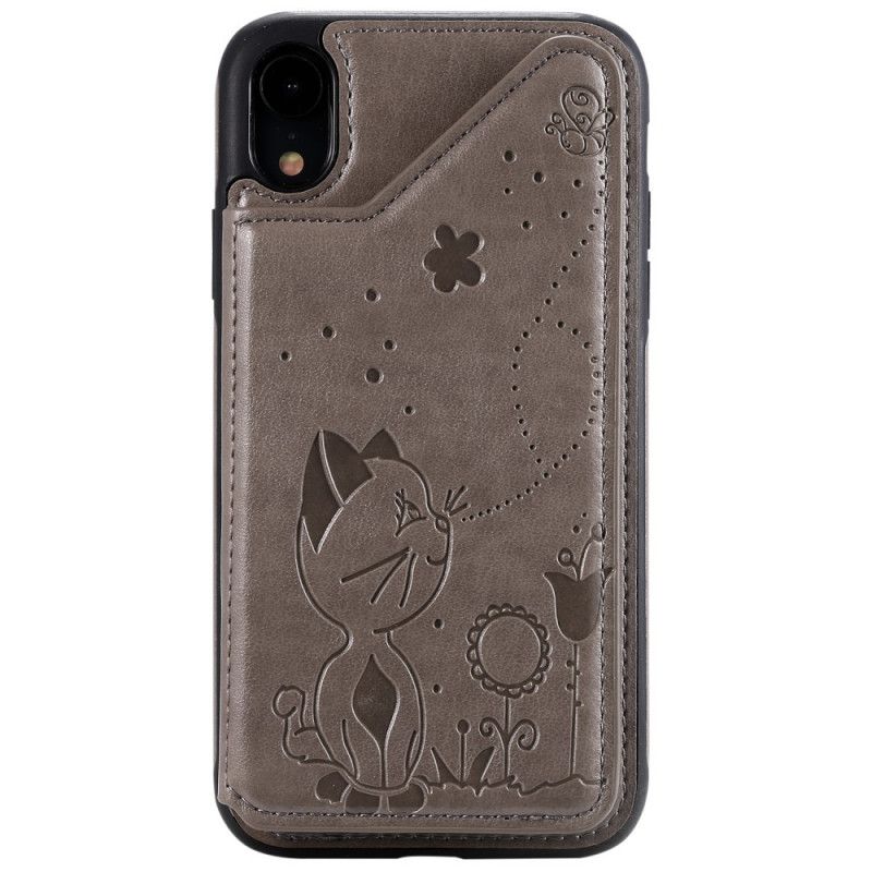 Coque iPhone Xr Simili Cuir Porte-cartes Support Chat