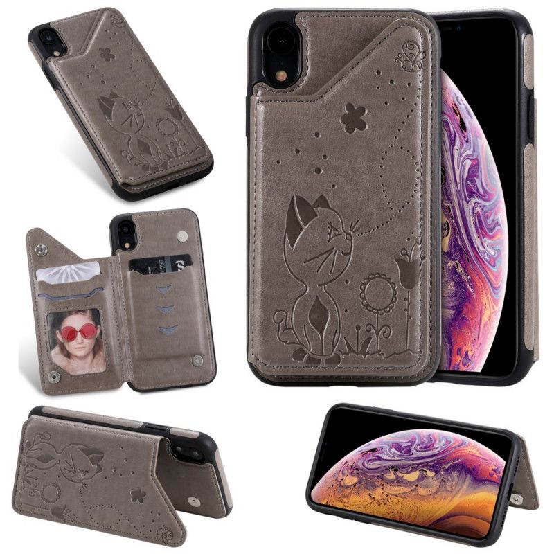 Coque iPhone Xr Simili Cuir Porte-cartes Support Chat