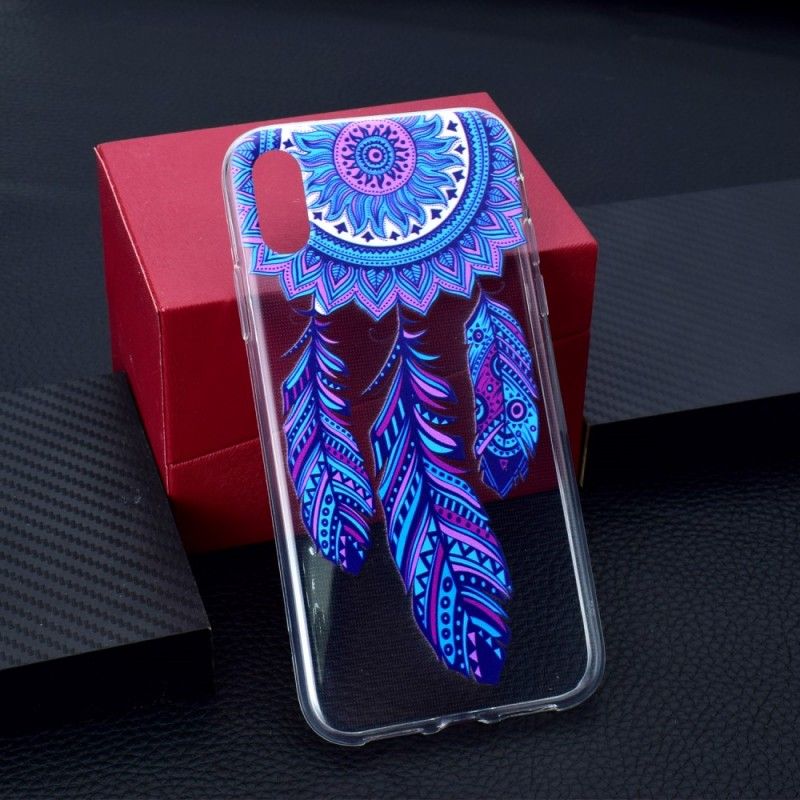 Coque iPhone Xr Transparente Attrape Rêves Plumes Bleues