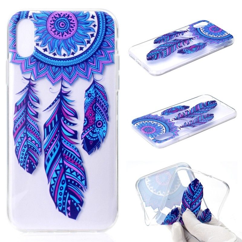 Coque iPhone Xr Transparente Attrape Rêves Plumes Bleues