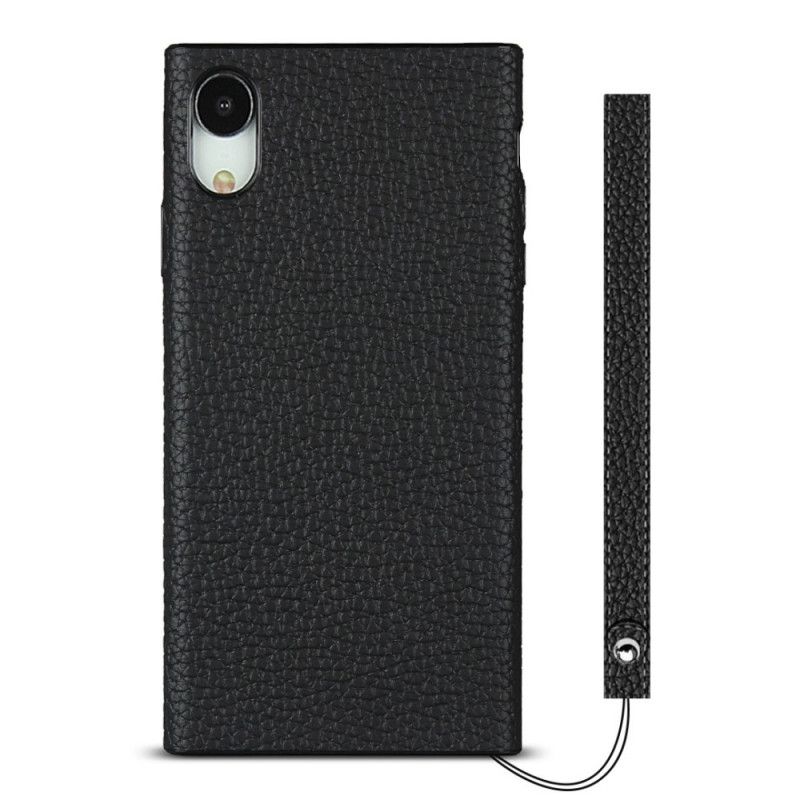 Coque iPhone Xr Véritable Cuir Litchi Avec Lanière