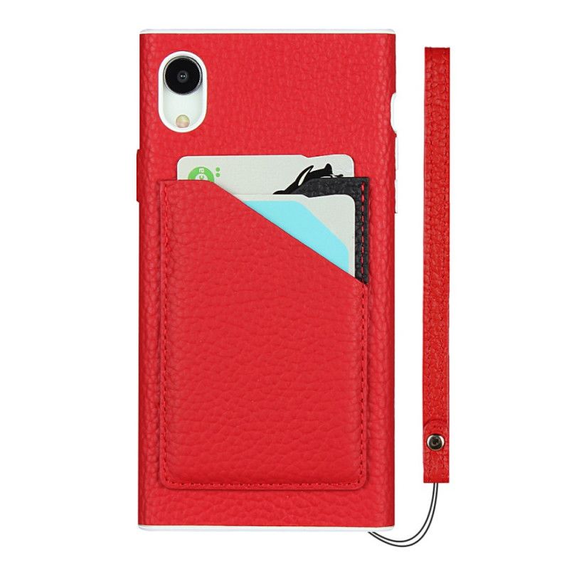 Coque iPhone Xr Véritable Cuir Litchi Porte-cartes Avec Lanière