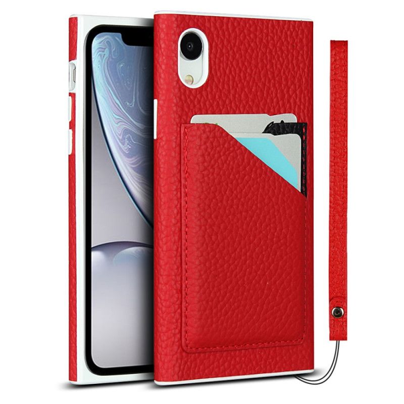 Coque iPhone Xr Véritable Cuir Litchi Porte-cartes Avec Lanière