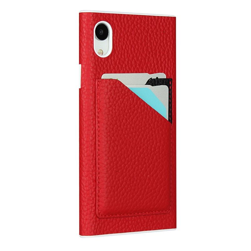 Coque iPhone Xr Véritable Cuir Litchi Porte-cartes Avec Lanière