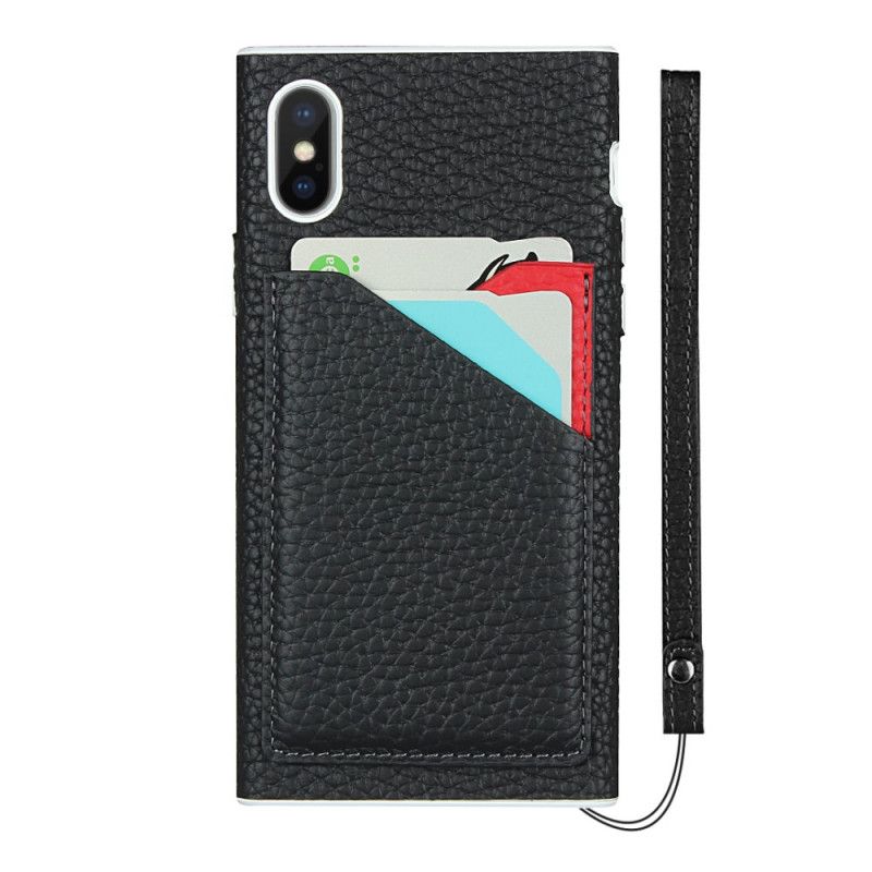 Coque iPhone Xs Max Véritable Cuir Litchi Porte-cartes Avec Lanière