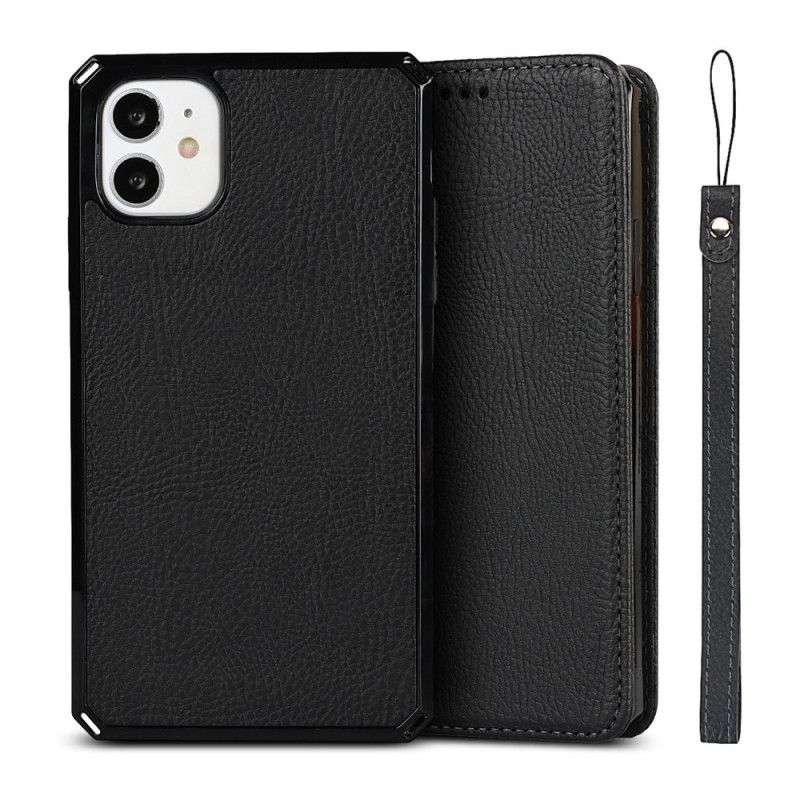 Flip Cover iPhone 11 Cuir Litchi Véritable À Lanière