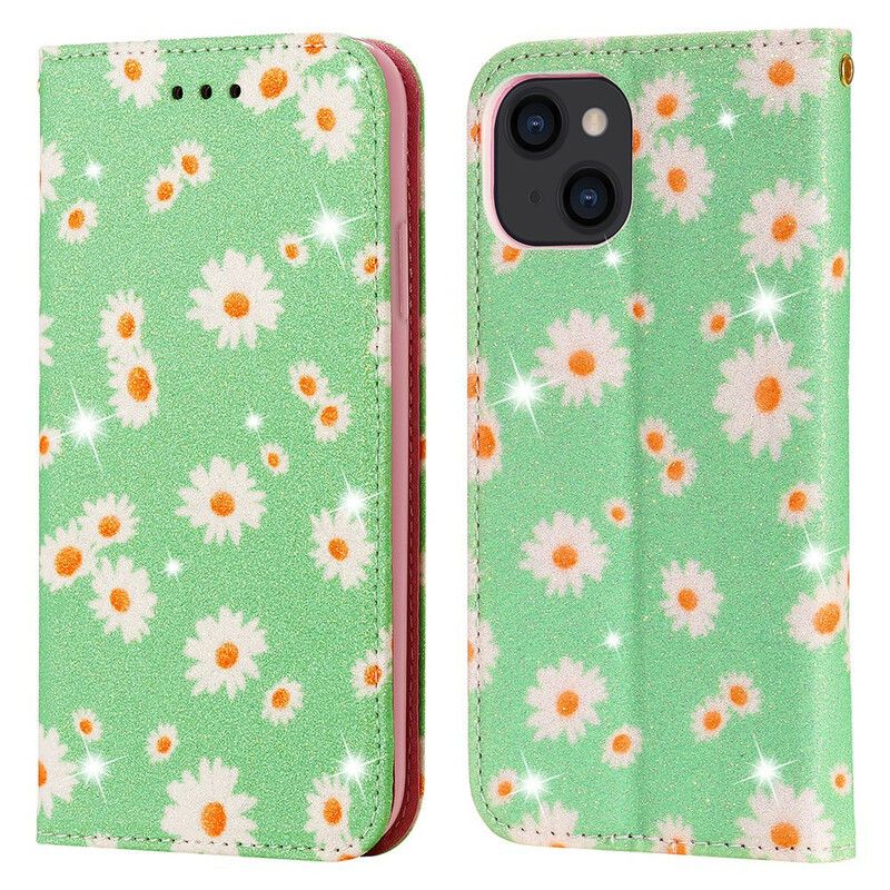 Flip Cover iPhone 13 Simili Cuir Marguerites