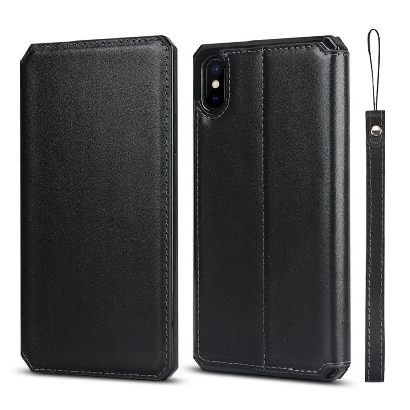 Flip Cover iPhone Xs Max Cuir Véritable À Lanière