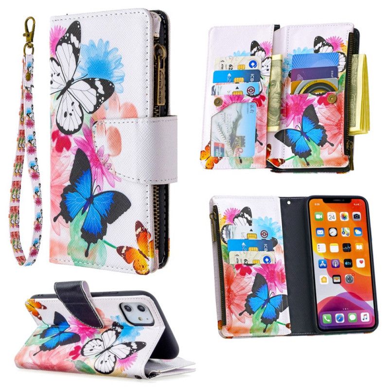 Housse iPhone 11 Poche Zippée Papillons