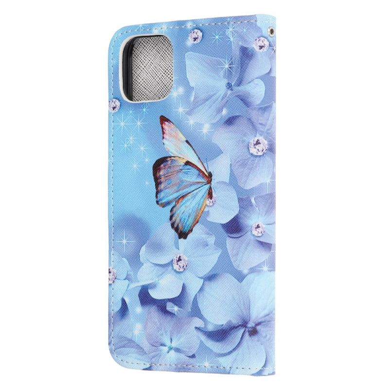 Étui Housse iPhone 12 / 12 Pro Papillons Diamants À Lanière
