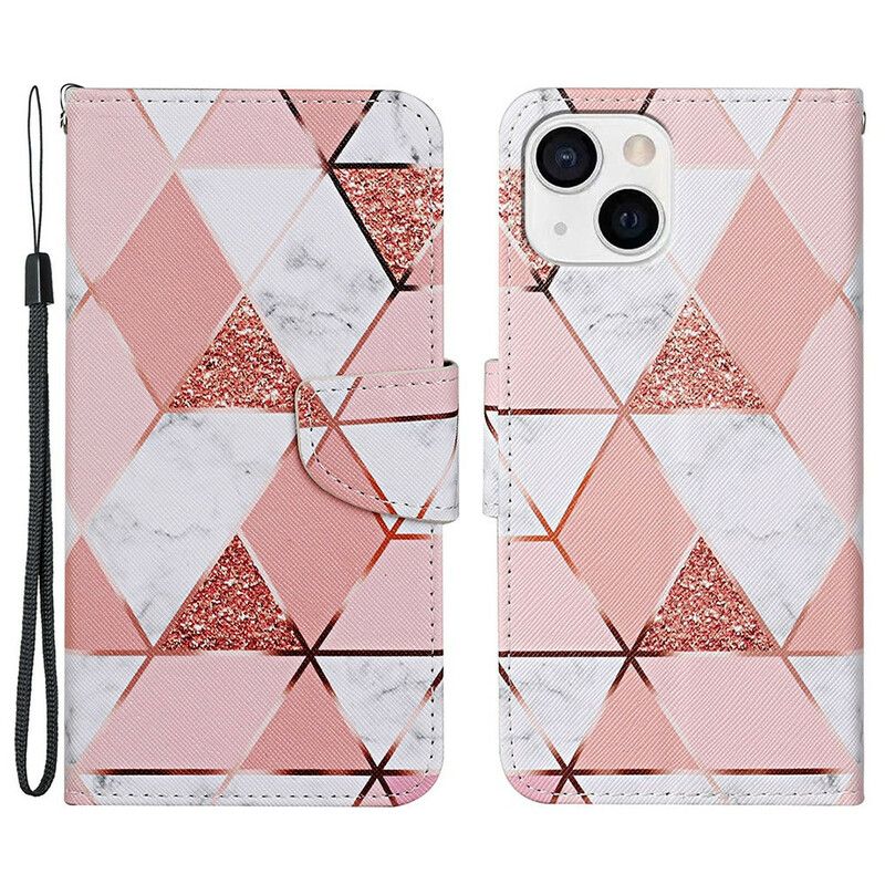 Housse iPhone 13 Marbre Et Paillettes Avec Lanière