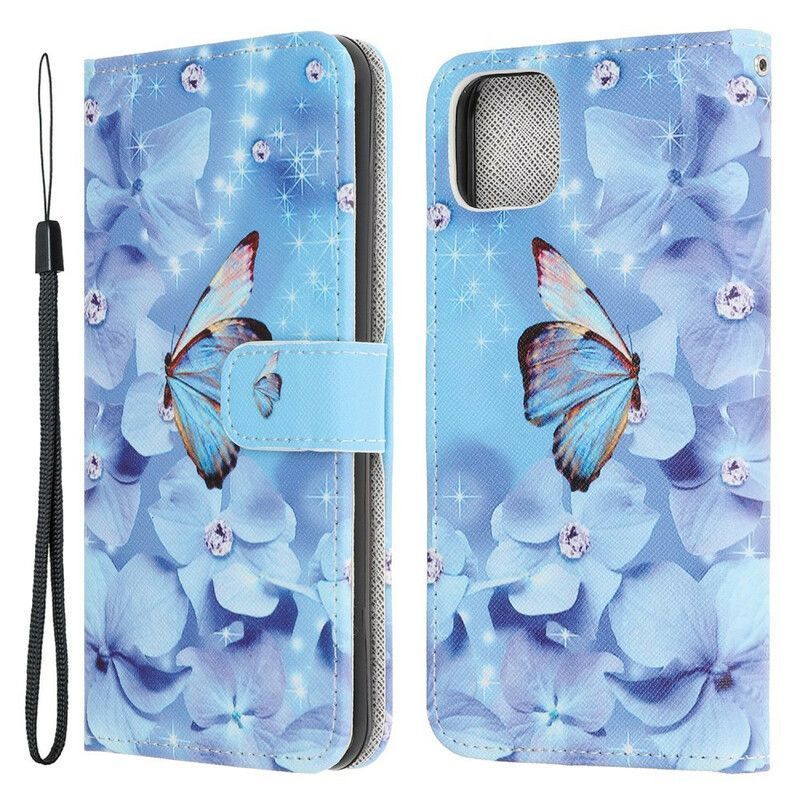 Housse iPhone 13 Mini Papillons Diamants À Lanière