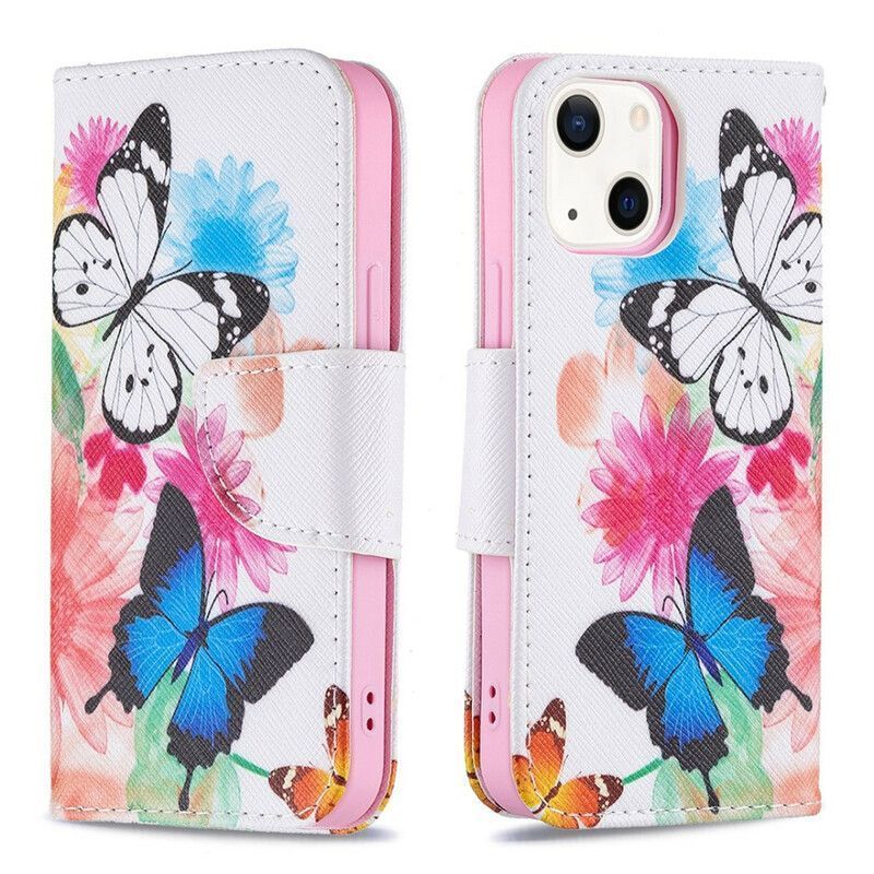 Housse iPhone 13 Mini Papillons Et Fleurs Peints