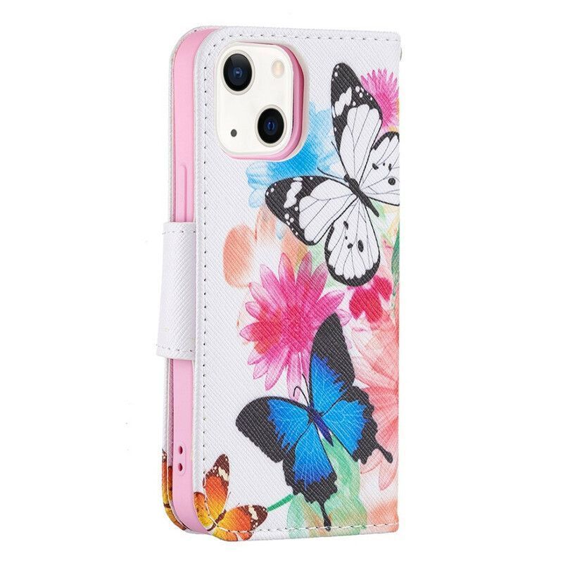 Housse iPhone 13 Mini Papillons Et Fleurs Peints