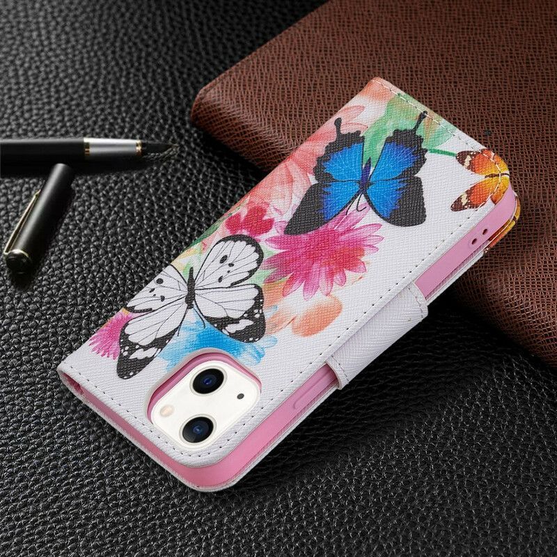 Housse iPhone 13 Mini Papillons Et Fleurs Peints