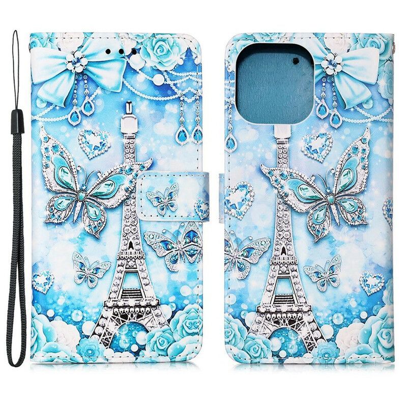 Housse iPhone 13 Mini Tour Eiffel Papillons À Lanière