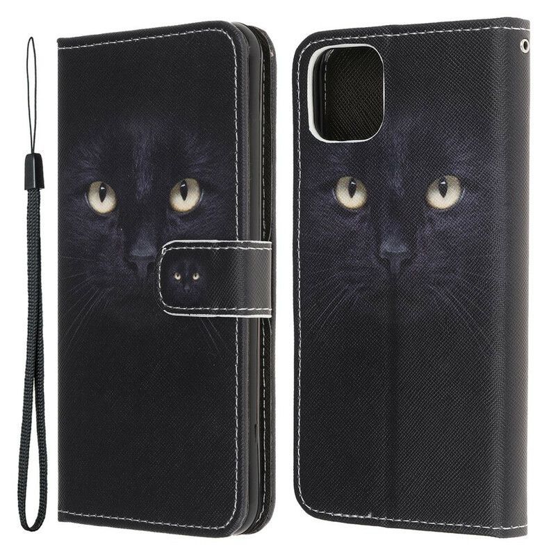 Housse iPhone 13 Mini Yeux De Chat Noir À Lanière