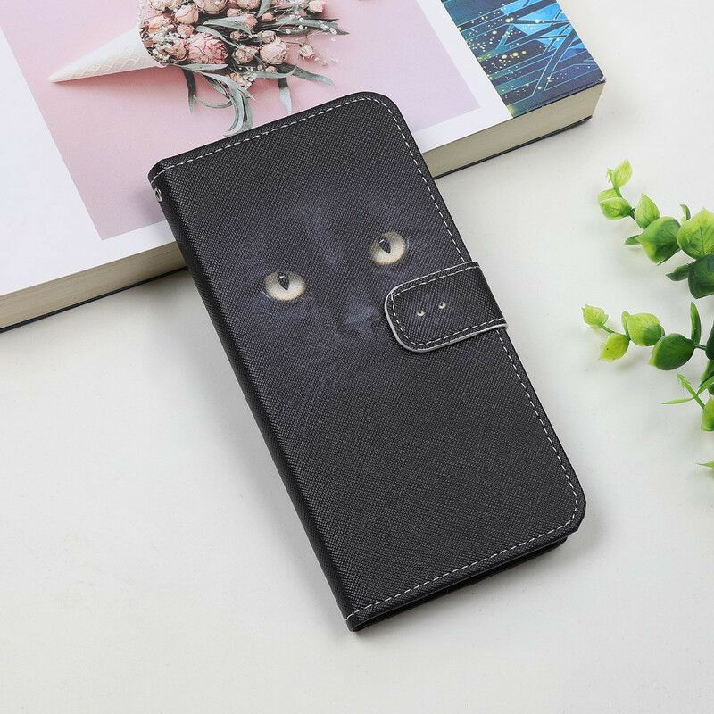 Housse iPhone 13 Mini Yeux De Chat Noir À Lanière