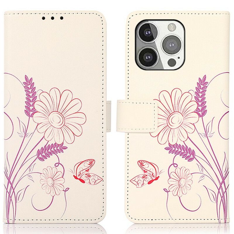 Housse iPhone 13 Pro Dessin Papillons Et Fleurs