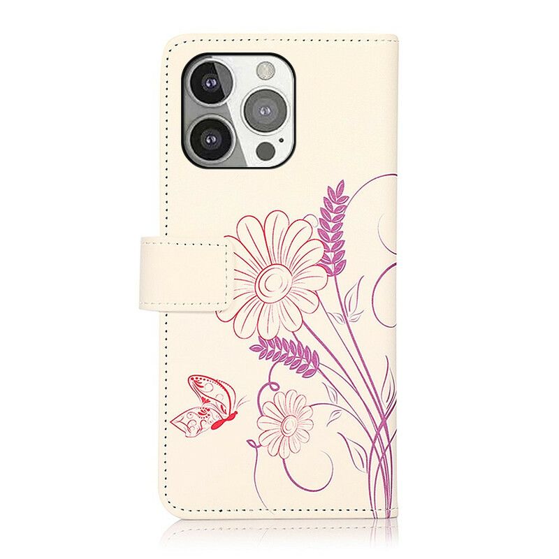 Housse iPhone 13 Pro Dessin Papillons Et Fleurs